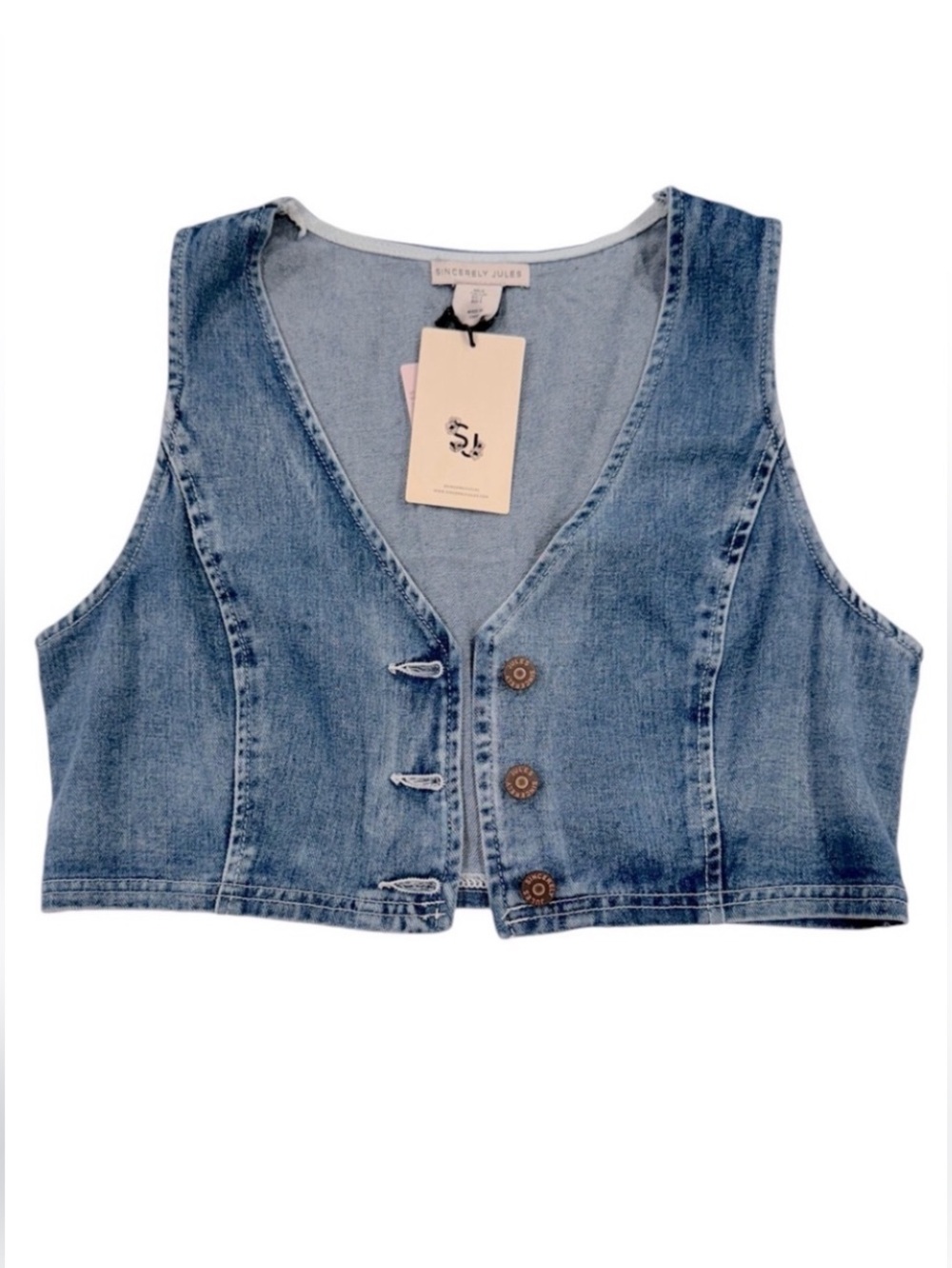 SINCERELY JULES Denim Jean Vest Crop Light Wash Rose Gold Buttons NWT Large